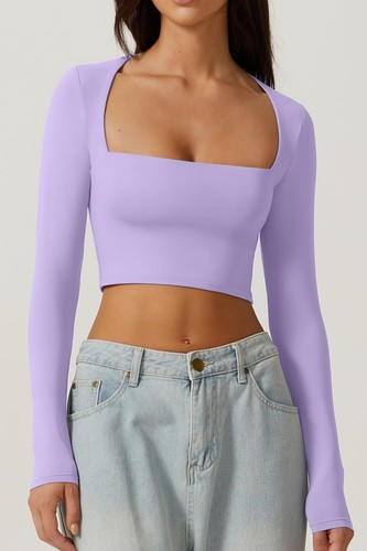 Women's Sexy Square Neck Crop Top Long Sleeve Slim Fit Cropped T Shirts - Picture 13 of 67
