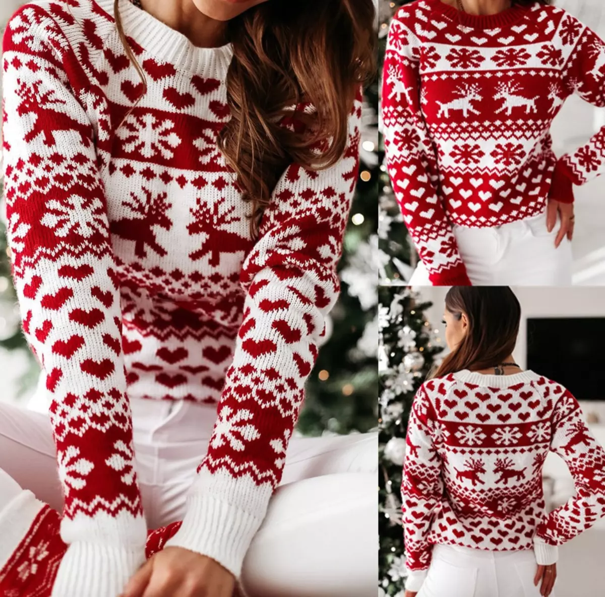 PULL NO L CHRISTMAS FLOCON RENNE COEURS FEMMES TRICOT MODE AUTOMNE HIVER