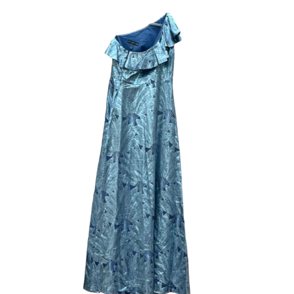 Vestido maxi Aidan Mattox novo com etiquetas ardósia azul floral babado um ombro tamanho 8 - Imagem 4 de 4
