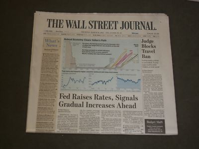 2017 MARCH 16 WALL STREET JOURNAL NEWSPAPER - JUDGE BLOCKS TRAVEL BAN
