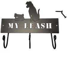 Metal My Leash Dog with Bone in Bowl Wall Holder Leash Holder 3 hooks 8" Long