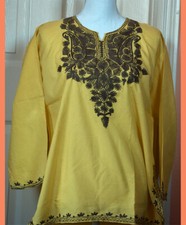 Brown Embroidered Yellow Color Cotton Tunic Top Kurti from India X Large