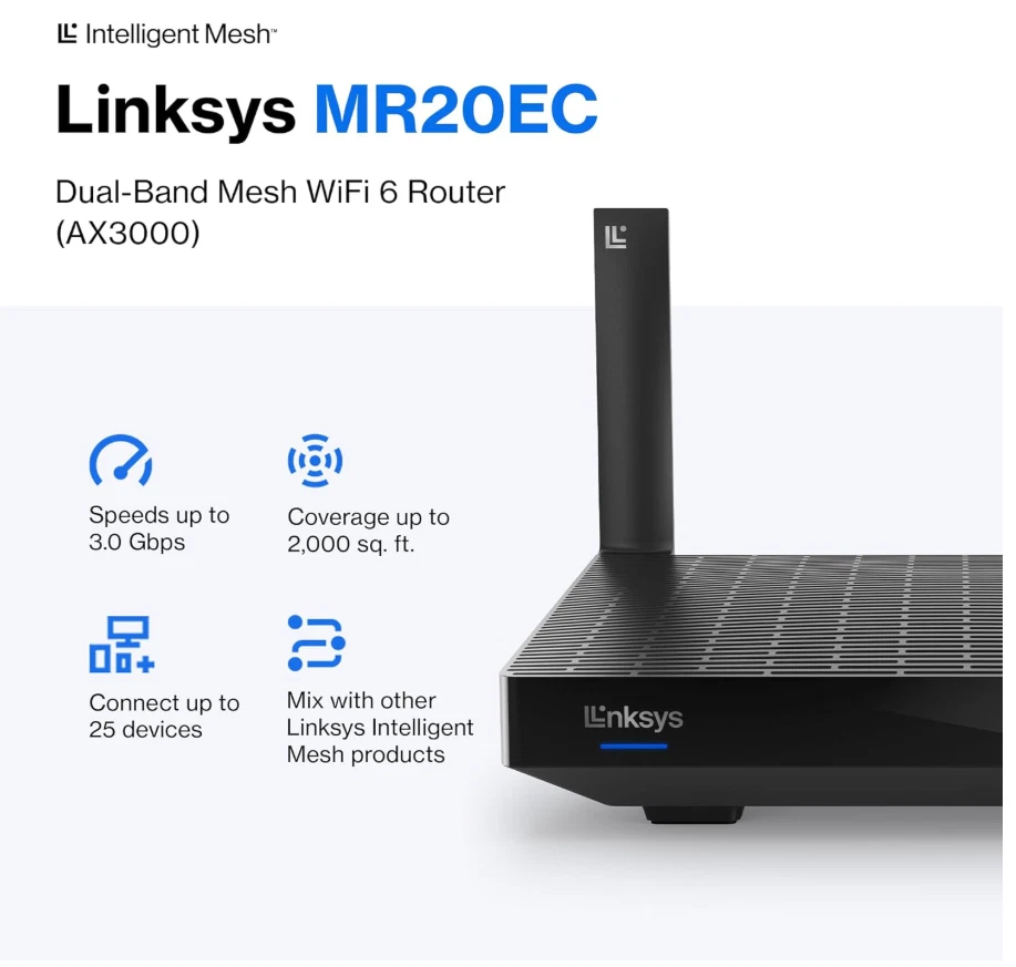 WiFi 6 Dual-Band Wireless Router Linksys 6 Mesh MR20EC AX3000 - Image 2 of 4