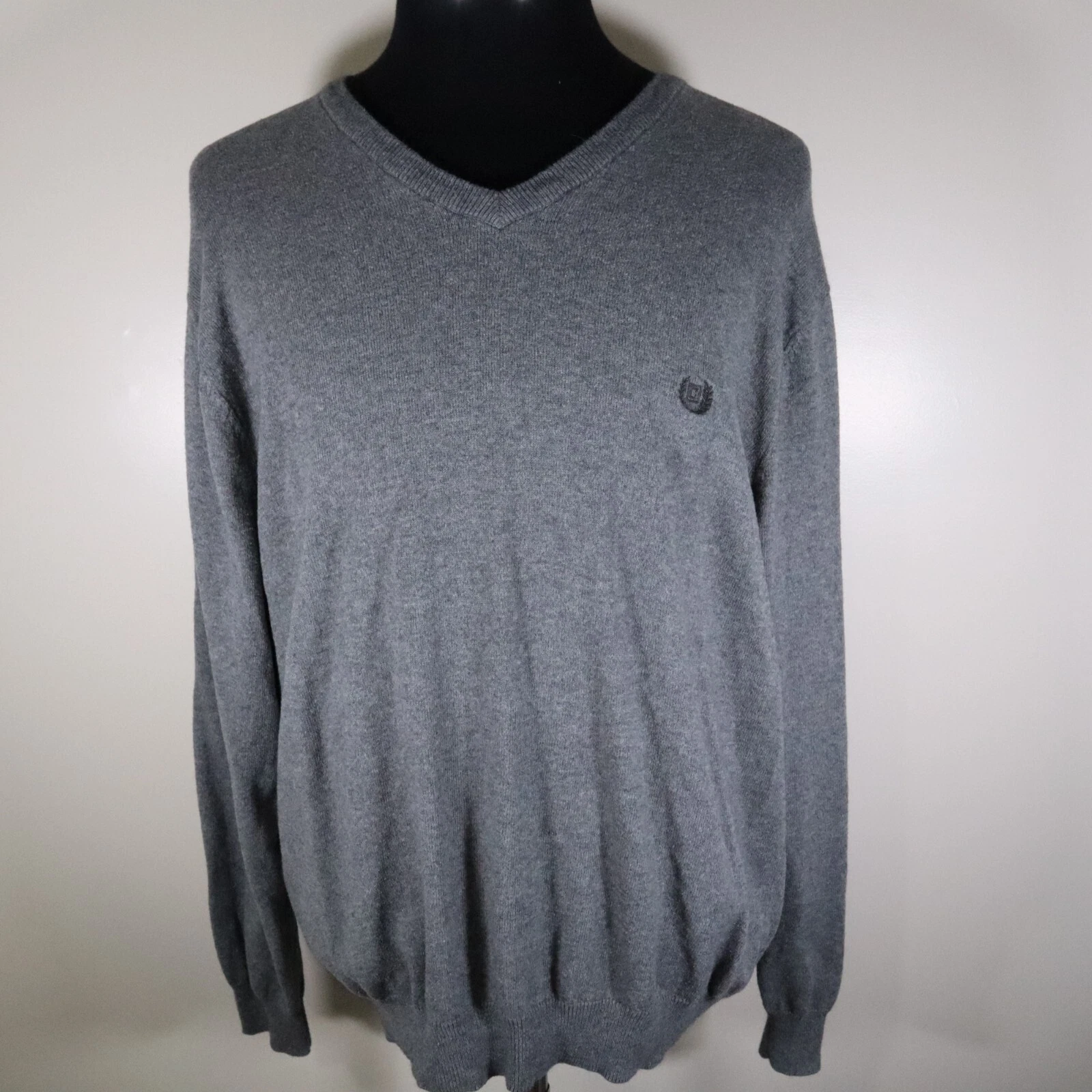 Chaps Sweater Mens Large Cotton Cashmere Pullover Knit V-Neck Gray Long Sleeve