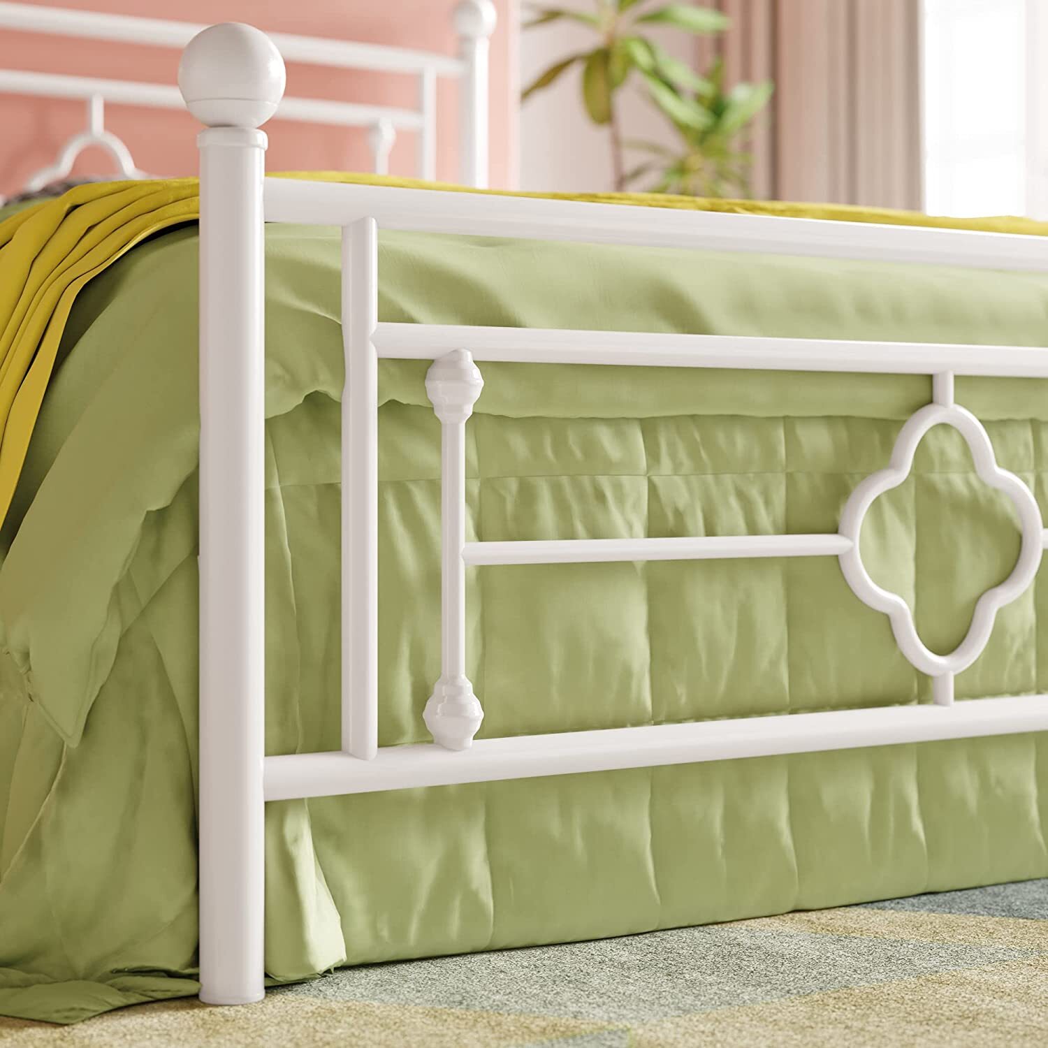 14 Inch Full Size Metal Platform Bed with Vintage Headboard and Footboard/White