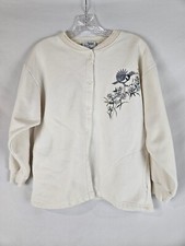 Vintage 90s Artisans Button Up Cardigan Sweatshirt Sz M Bird Flower Embroidery