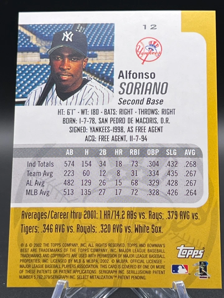 2002 Bowman's Best - Gold #12 Alfanso Soriano - Image 2 of 3