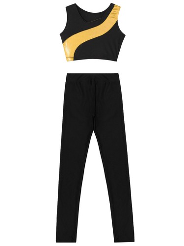Girls Kids Sets Dancing Dancewear Tracksuit Outfit Black Tights Clothing 2Pcs - Picture 11 of 57