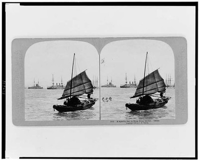 Photo:Hong Kong China Harbor 1902 Stereograph Boats Ships Squally Day