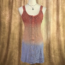 Vintage Mini Dress 90s Ombre Shift Sleeveless Embroidered Sequined Boho Peasant