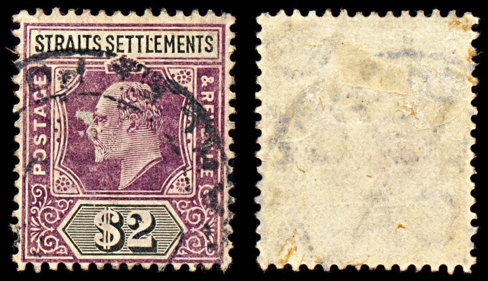 6959 Straits Settlements SG137 2$ negro y púrpura 1905. Sc#125 Mi 106 Usado. C£90 Foto 2 de 4