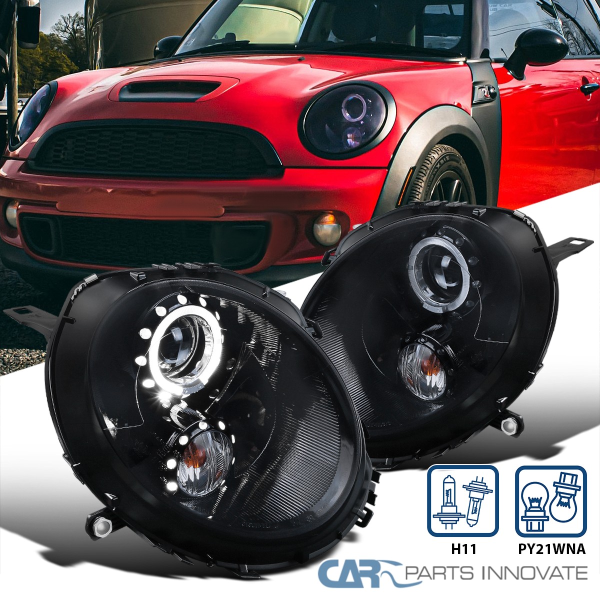 Fit 2007-2013 Mini Cooper S LED Halo Black Smoke Projector