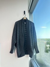 Garnet Hill Gray Open Front 100 Extra Fine Merino Wool Cardigan Sz L