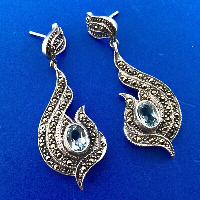 Vintage 925 Sterling Silver Blue Topaz Marcasite Statement Drop Dangle  Earrings