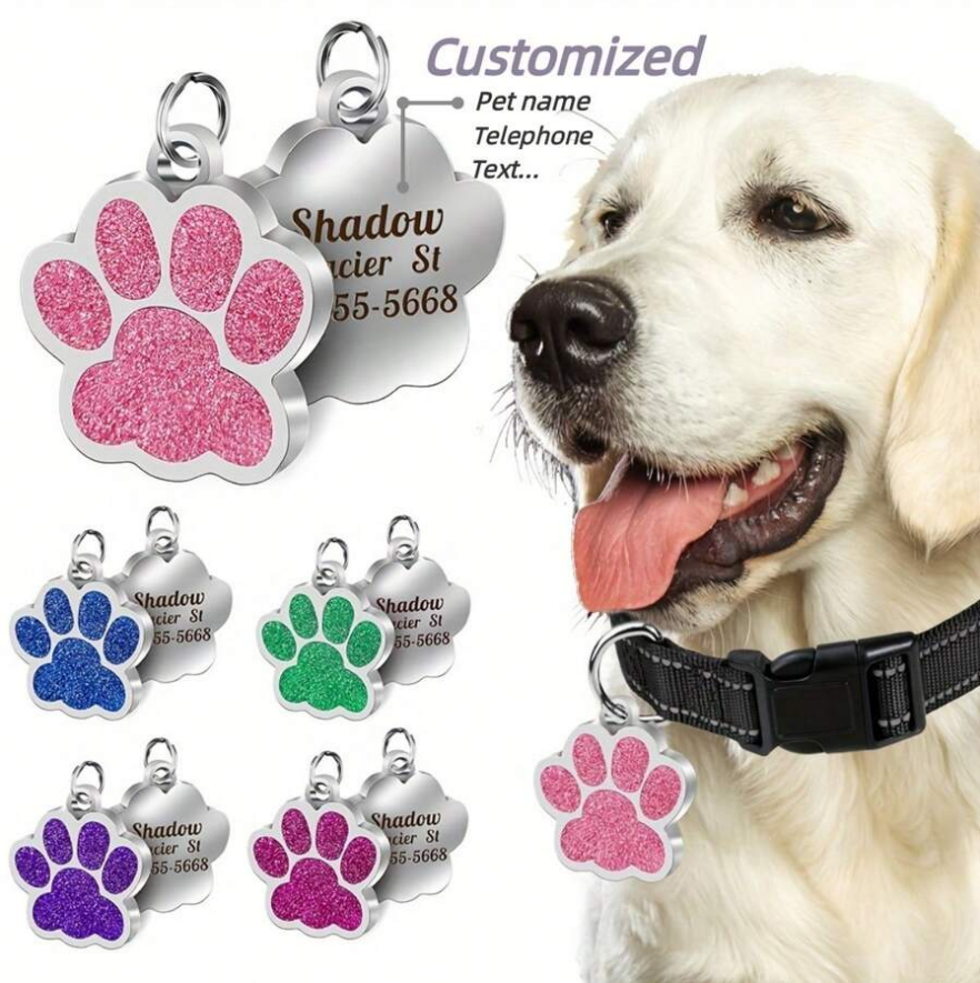 Personalized Dog Tags Engraved Puppy Pet ID Name Collar Tag Bling Paw Glitter US