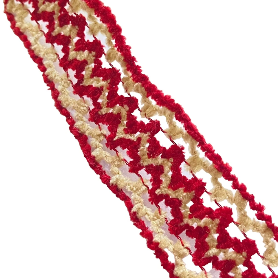 Vintage Chenille Ribbon Wired Red Beige 1.5" X 20 Yards Crafts Wreath Floral Art - Image 2 of 4