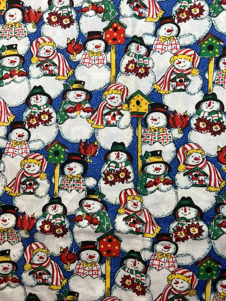 Christmas Snowman Quilter's Fabric 20 " Green Red Cotton Vintage Crafts Sewing - Image 2 of 4