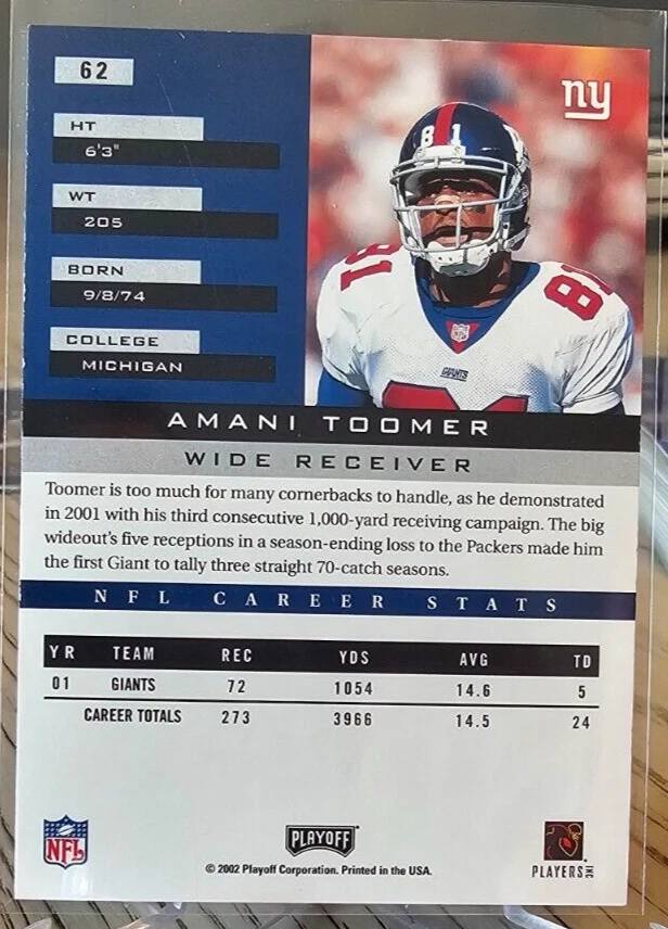 2002 Playoff Honors Amani Toomer #62 New York Giants - Image 2 of 2