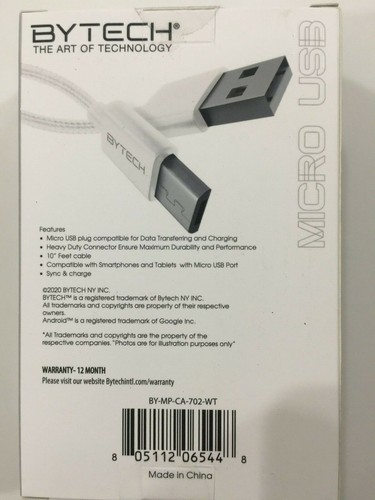 BYTECH 10 ft Micro USB Cable Sync & Charge Model# BY-MP-CA-702-WT NEW - Picture 2 of 2