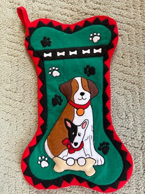 3D Felt Material Dog Bone Christmas Stocking Red Green  Dog Stocking Two Puppies