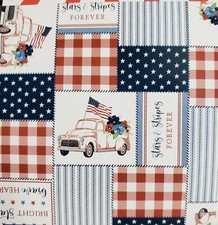 Peva Tablecloth,52x90"Oblong,PATRIOTIC PATCHWORK,TRUCK,STARS STRIPES FOREVER,BL