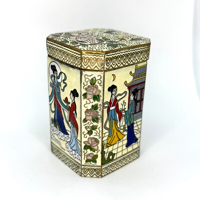 Vintage Cloisonne Trinket Box Asian Ladies Floral Octagon enamel Butterfly