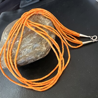 Orange Coral Tube Heishi Bead 5S Navajo Sterling Silver Necklace 20  16066