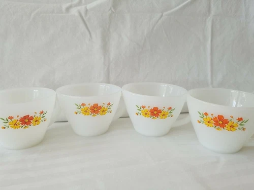 4 Vtg  Fire King Anchor Hocking  Floral Cups Milk Glass Yellow Orange  1950-60s.