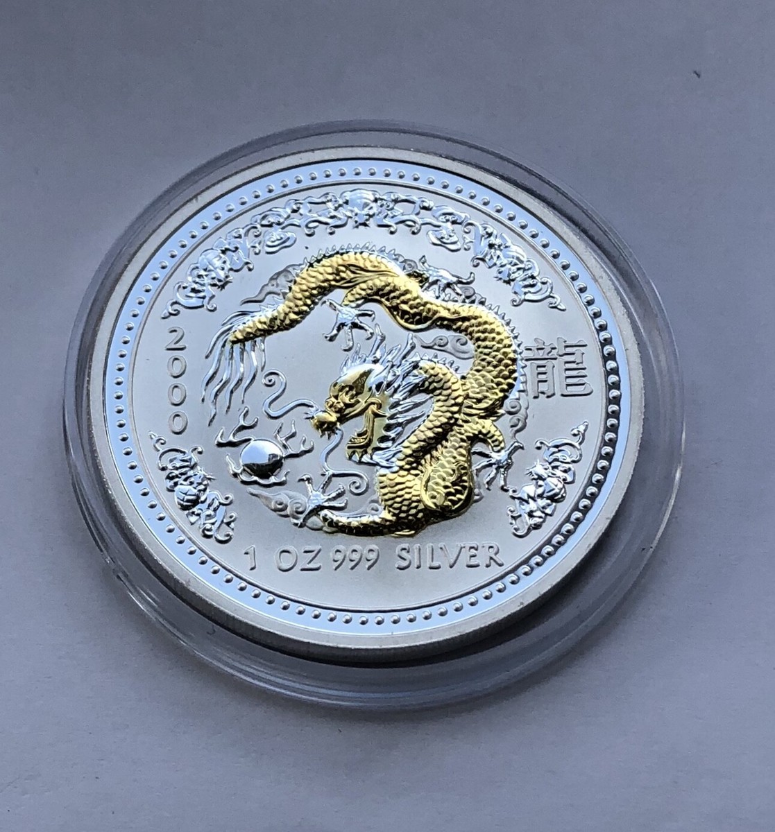 2000 Australia $1 Lunar I Year of the Dragon 1 Oz Gilded Silver