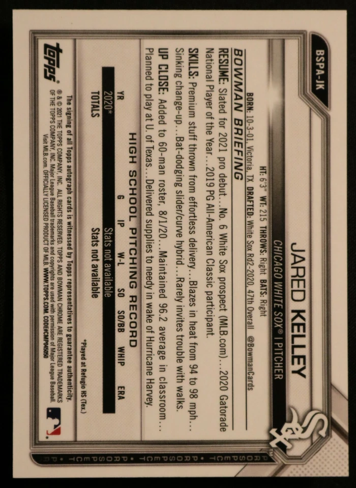 2021 Bowman Chrome Sapphire /10 Jared Kelley RC Auto Purple Chicago White Sox - Image 3 of 4