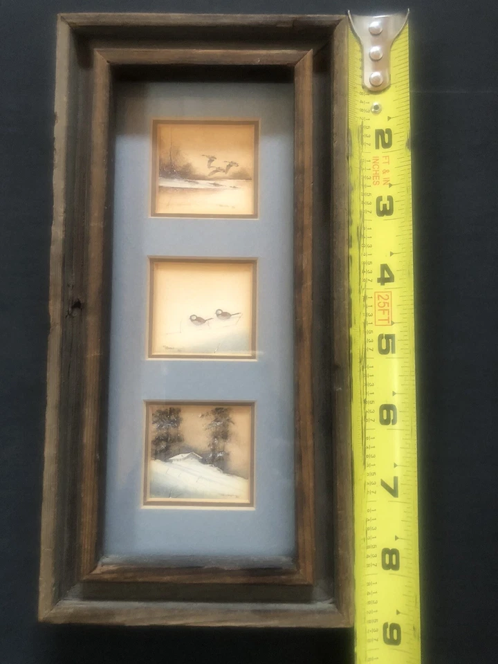 pintura al óleo en miniatura enmarcada con tres pinturas escena de invierno Foto 3 de 4