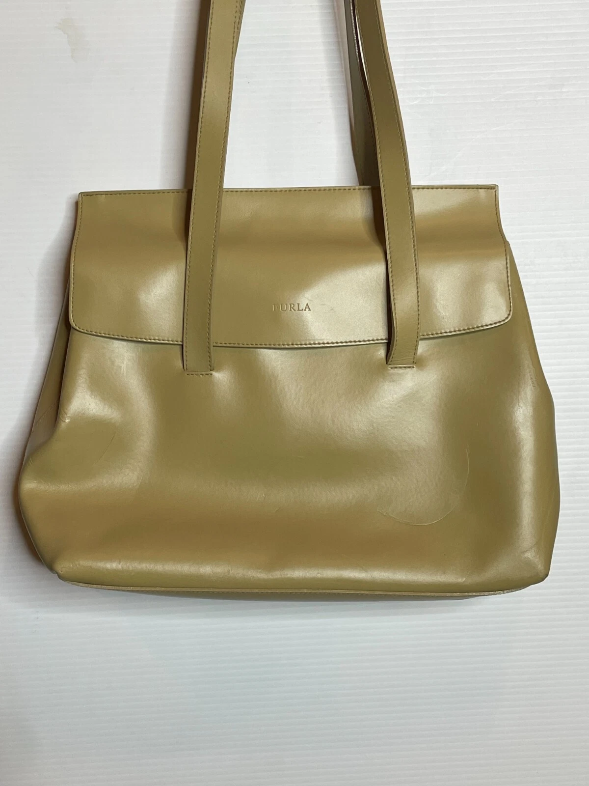 Furla Italian Designer Camel Tan Rigid Beige Leather Shoulder Bag Handbag Purse