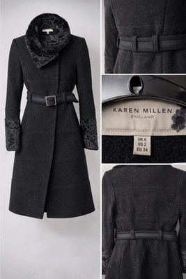 Vintage Karen Millen Black Wool Belted Coat Faux Fur Collar  XXS