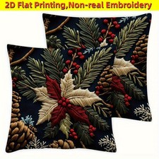 2 Pcs Retro Christmas Poinsettia Botanical Plush Pillow Covers Cushion Case Gift