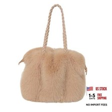 Women  s Faux Fur Handbag, Soft Fluffy Winter Purse with Braided Top Light Khaki