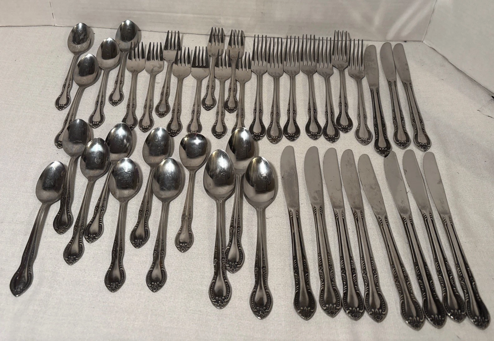 Vintage Stainless Steel Flatware 42 Pieces Columbia Japan Beaded Edge Floral MCM