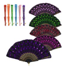 6 Pack Folding Hand Fan Bulk Fabric Fans Dance Classic Style Decorative Handheld