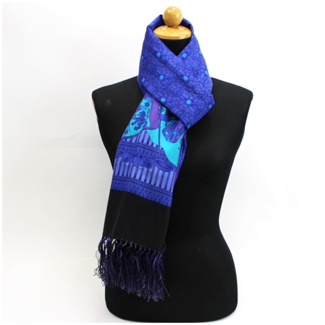 Versace Thin Stole Scarf with Fringe Silk x Wool Medusa Blue Made in Italy