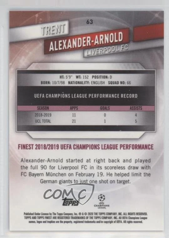 2019-20 Topps Finest UCL Purple Refractor /250 Trent Alexander-Arnold #63 - Image 2 of 2