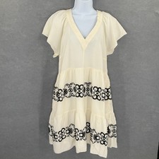 Old Navy Womens Dress Sz L Cream Black Embroidered Tiered V Neck Bohemian