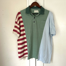 Reworked Women’s Multi Color Striped Polo - Size S Oversized Pocket Urban Free
