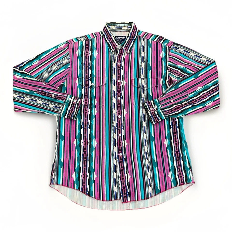 Vintage Wrangler Heavy Cotton Aztec Shirt Men Sz 16.5 35 L Pink Teal Striped USA - Image 2 of 4