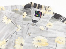 Jams World Mens XL Coal Flower Rayon Hawaiian Shirt Grey Yellow Vintage Hawaii
