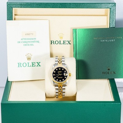 Rolex 68273 Datejust 31 mm Black Diamond Dial Jubilee Bracelet Box & Papers 1990