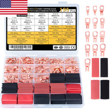 195 Pcs Copper Wire Lugs Battery Cable Ends Kit AWG 2 4 6 8 10 12 Ring Terminals