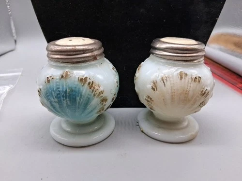 EAPG MILK GLASS SALT & PEPPER EMBOSSED SHELL HAND PAINTED SHAKERS