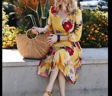 Eliza J Faux Wrap Midi Dress Women's 6  Yellow Res Colorful Floral Everyday