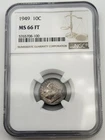 1949-P Roosevelt Silver Dime 10C NGC MS66 FT Full Torch US 90% Coin Toned  BM1
