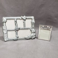 Silver Baby Picture Frame Lot 2pc Teddy Bear Collage Heart Frame Nursery Decor