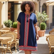 LANDS END Navy Tassel Short Sleeve Tunic Dress XL 18 Kaftan Vacation Swim Cruise